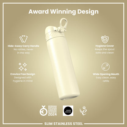 Leak Proof Slim Water Bottle, Stainless Steel, Creamy White, 600ml (20oz)