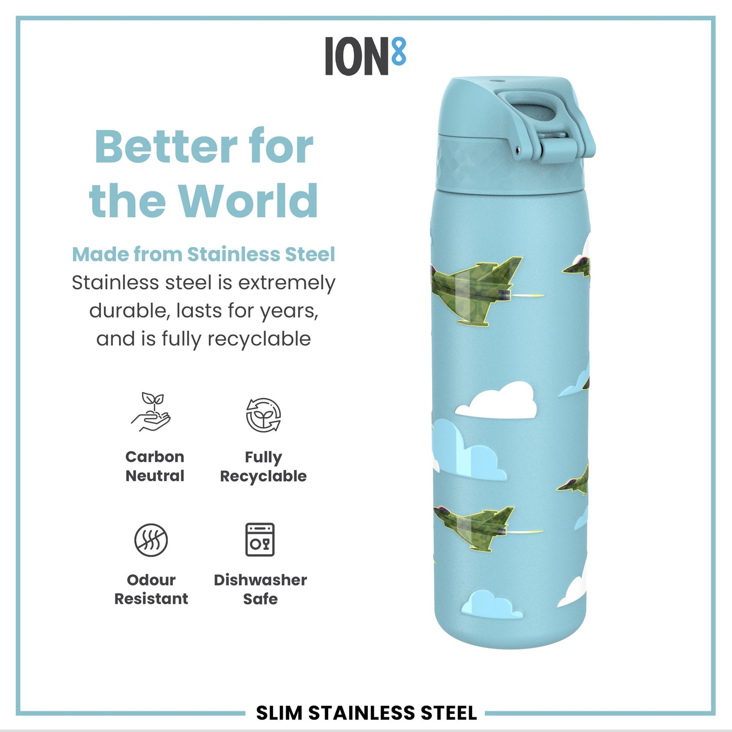 Leak Proof Slim Water Bottle, Stainless Steel, Fighter Jets, 600ml (20oz)