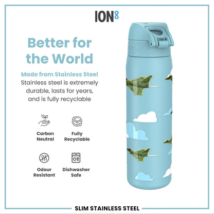 Leak Proof Slim Water Bottle, Stainless Steel, Fighter Jets, 600ml (20oz)