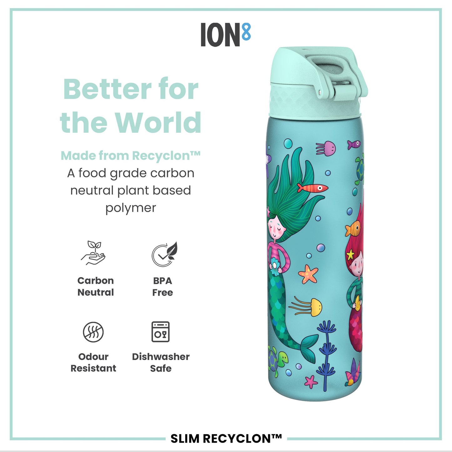 Leak Proof Slim Water Bottle, Recyclon, Mermaids, 500ml (18oz)