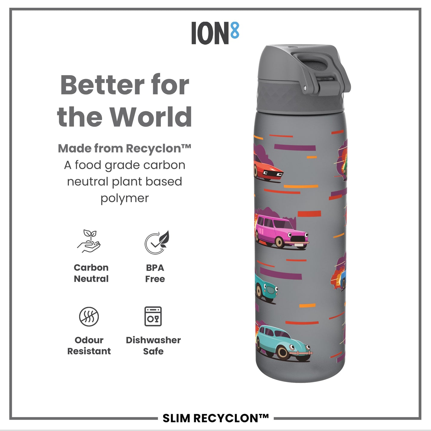 Leak Proof Slim Water Bottle, Recyclon, Sport Cars, 500ml (18oz)