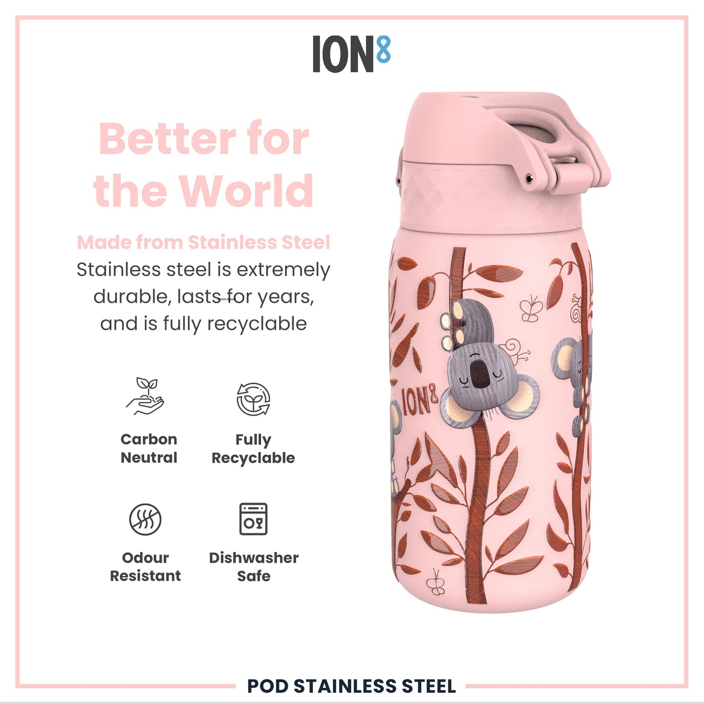 Leak Proof Kids Water Bottle, Stainless Steel, Koalas, 400ml (13oz)