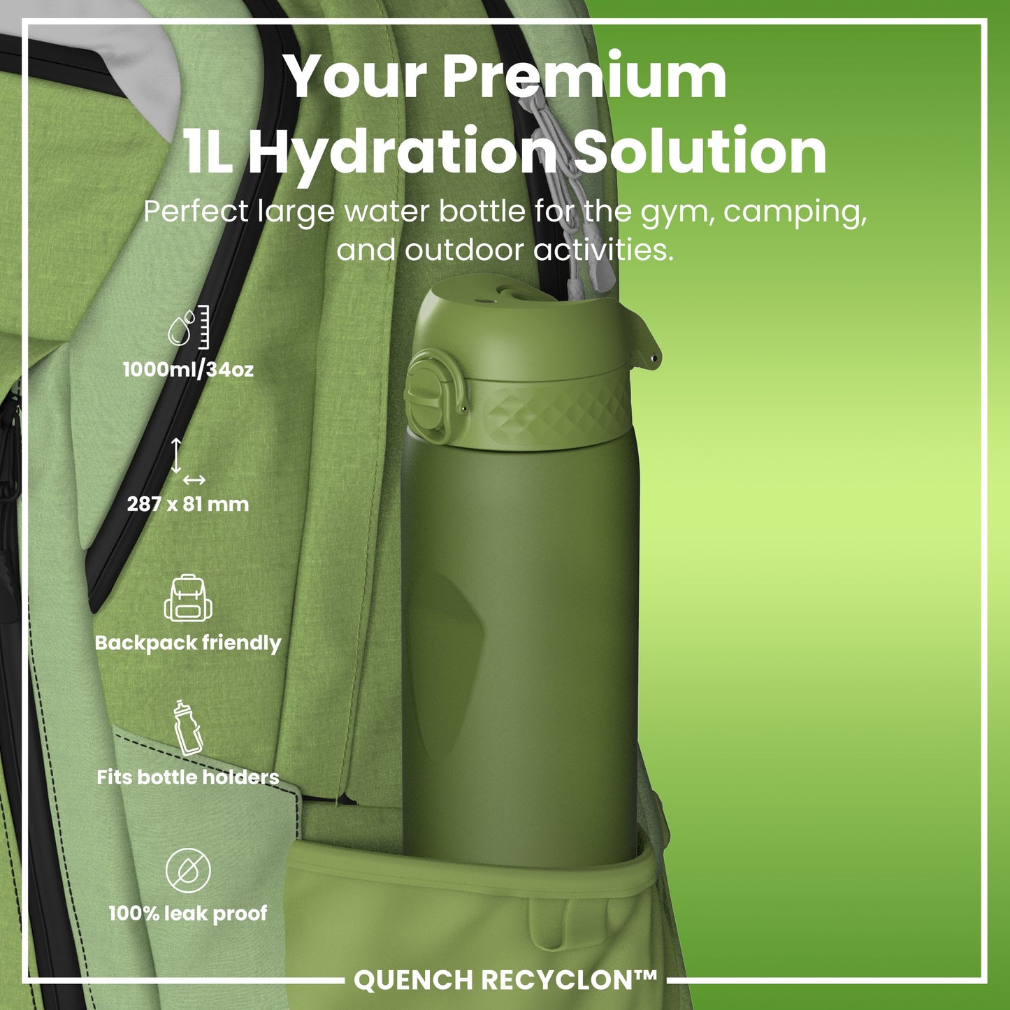 Leak Proof 1 litre Water Bottle, Recyclon, Khaki Green