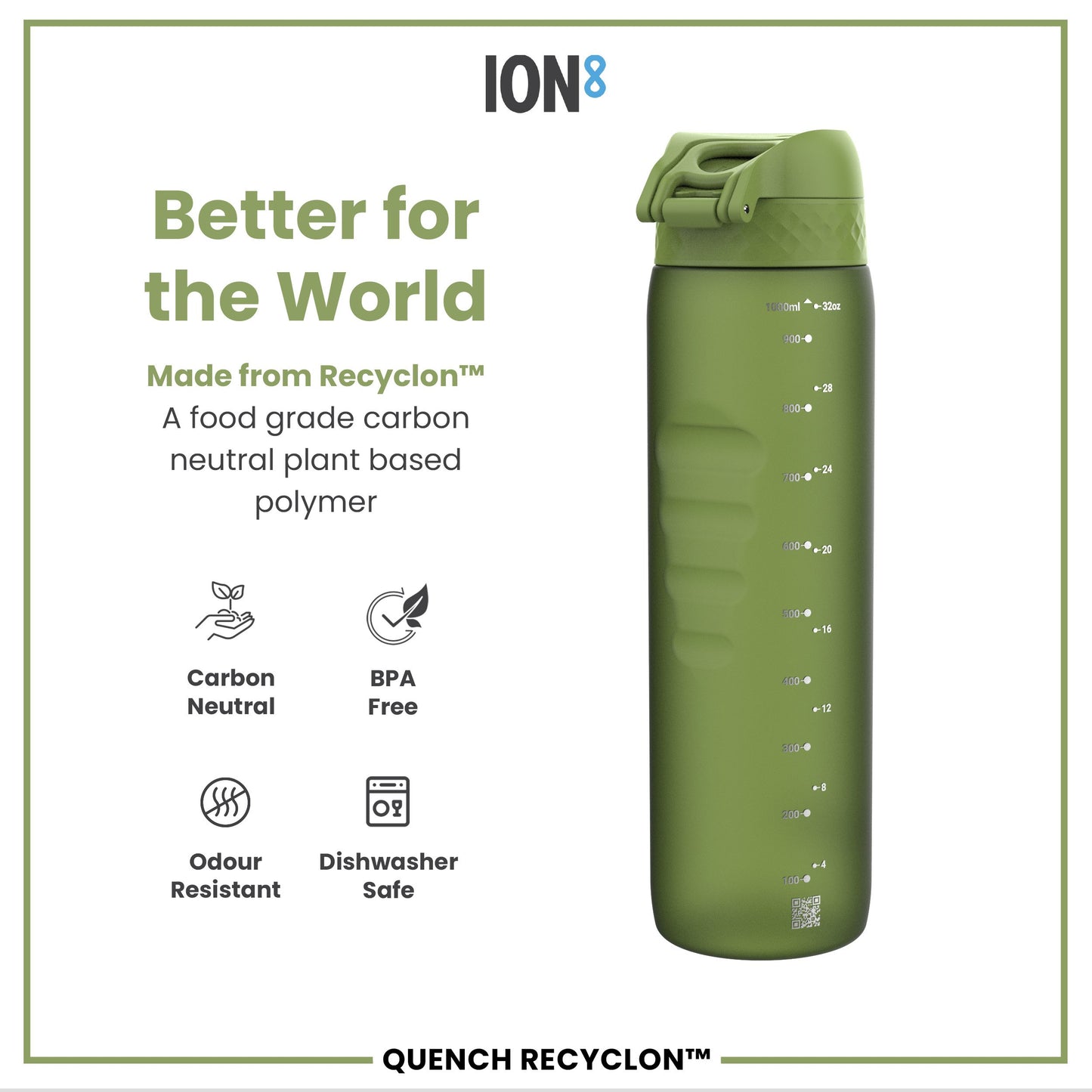 Leak Proof 1 litre Water Bottle, Recyclon, Khaki Green