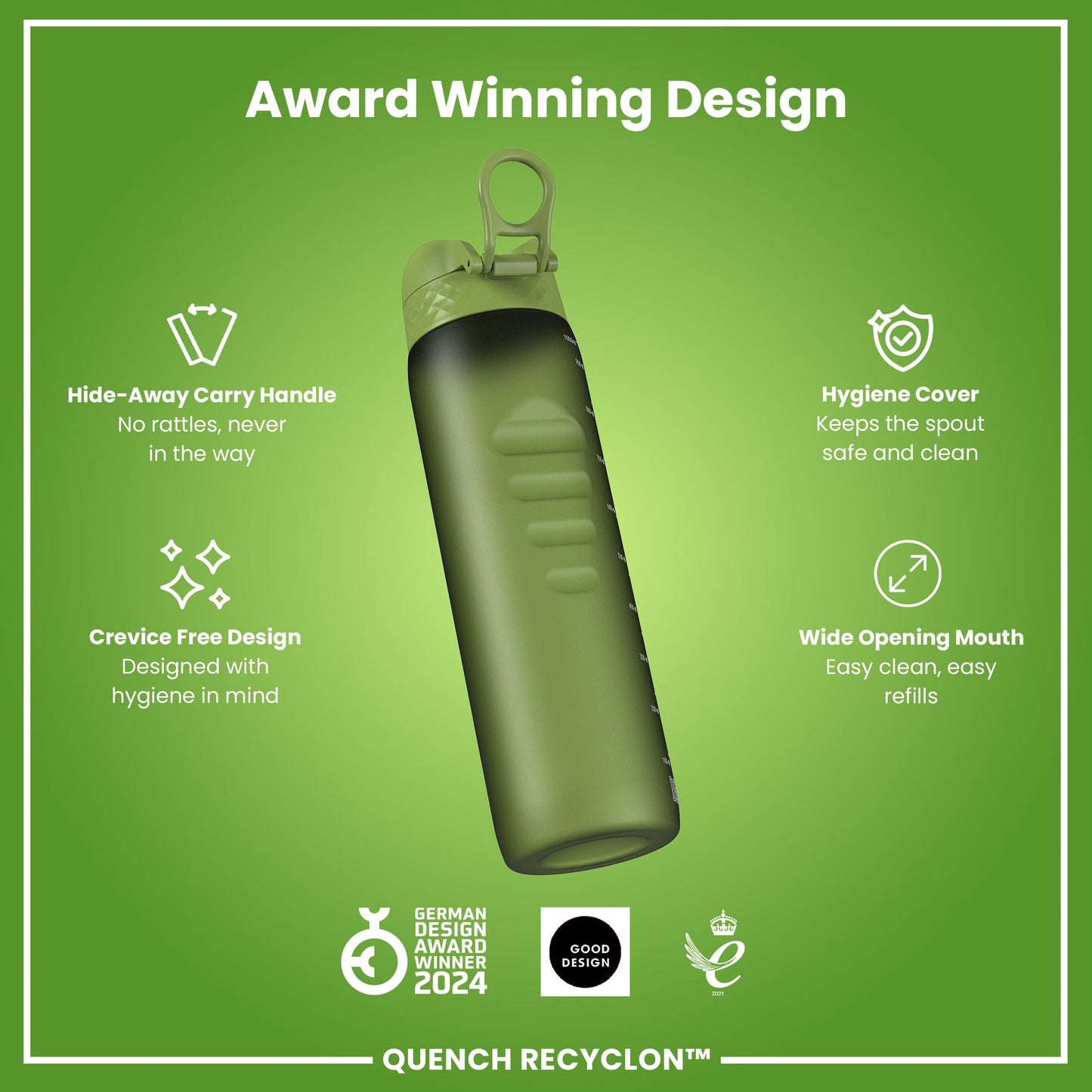 Leak Proof 1 litre Water Bottle, Recyclon, Khaki Green