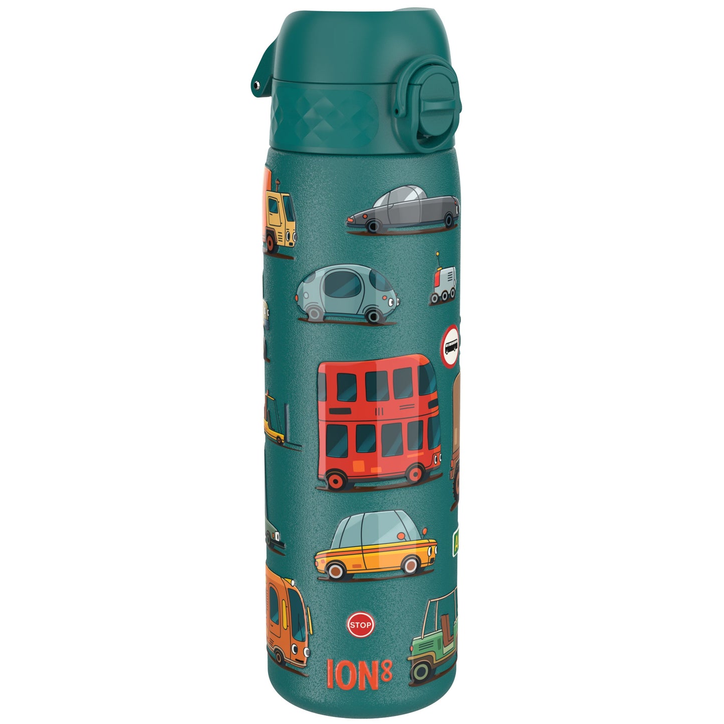 A teal water bottle, featuring various cartoon vehicles, stands upright against a white background. The bottle displays the word "ION8" near the base. A small "STOP" sign is also visible.