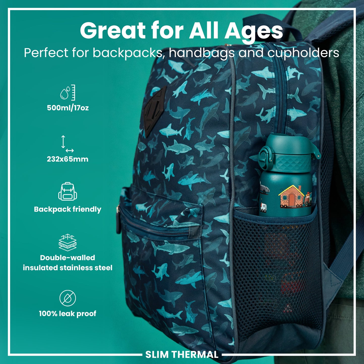 A teal shark-patterned backpack holds a teal water bottle. The bottle is 500ml/17oz, 232x65mm, double-walled stainless steel, backpack friendly and 100% leak proof. It's perfect for all ages.