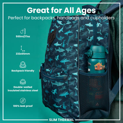 A teal shark-patterned backpack holds a teal water bottle. The bottle is 500ml/17oz, 232x65mm, double-walled stainless steel, backpack friendly and 100% leak proof. It's perfect for all ages.