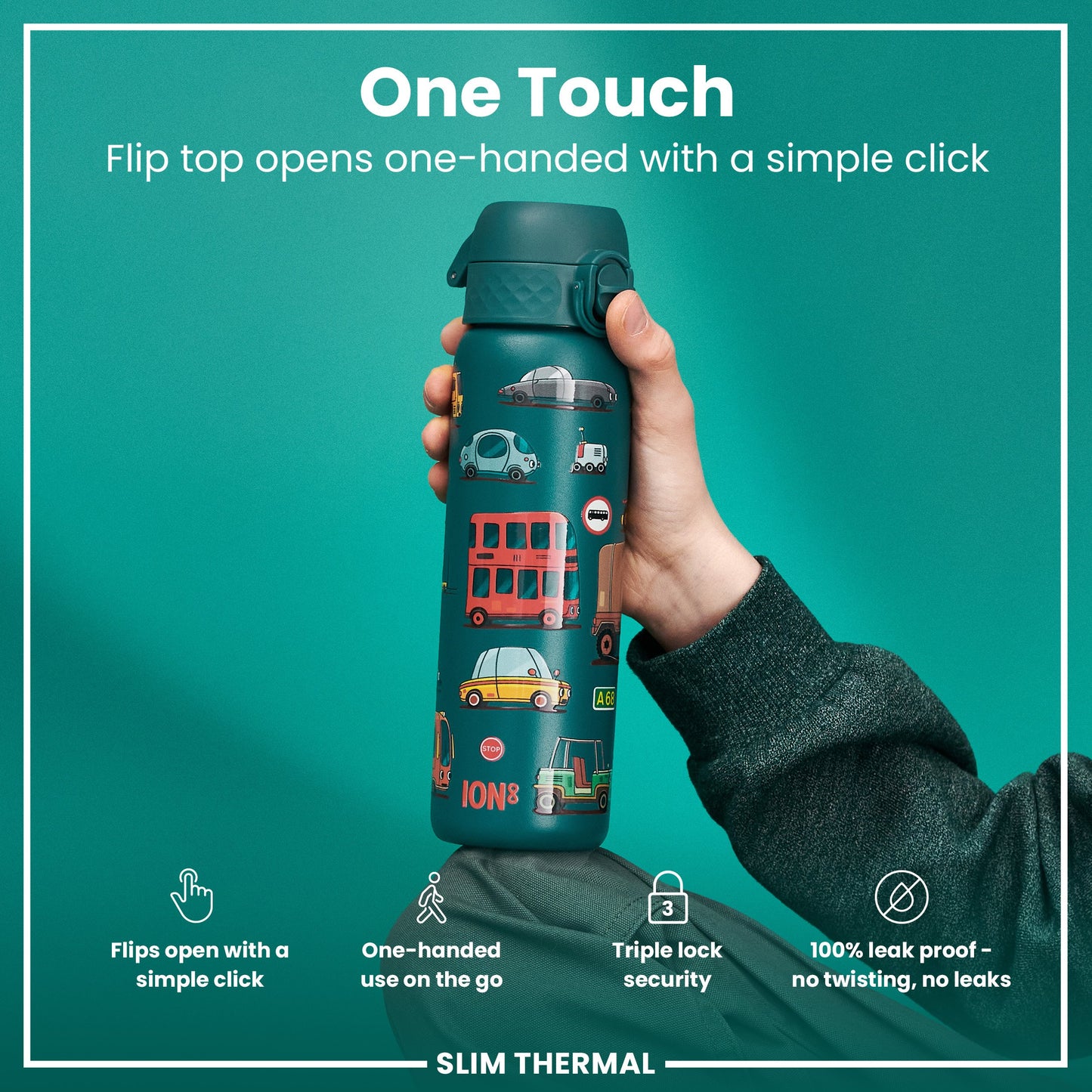 A teal water bottle, featuring a flip top and vehicle graphics, is being held. The bottle's flip top opens one-handed with a simple click; it offers triple lock security and is 100% leak-proof. The background is teal.