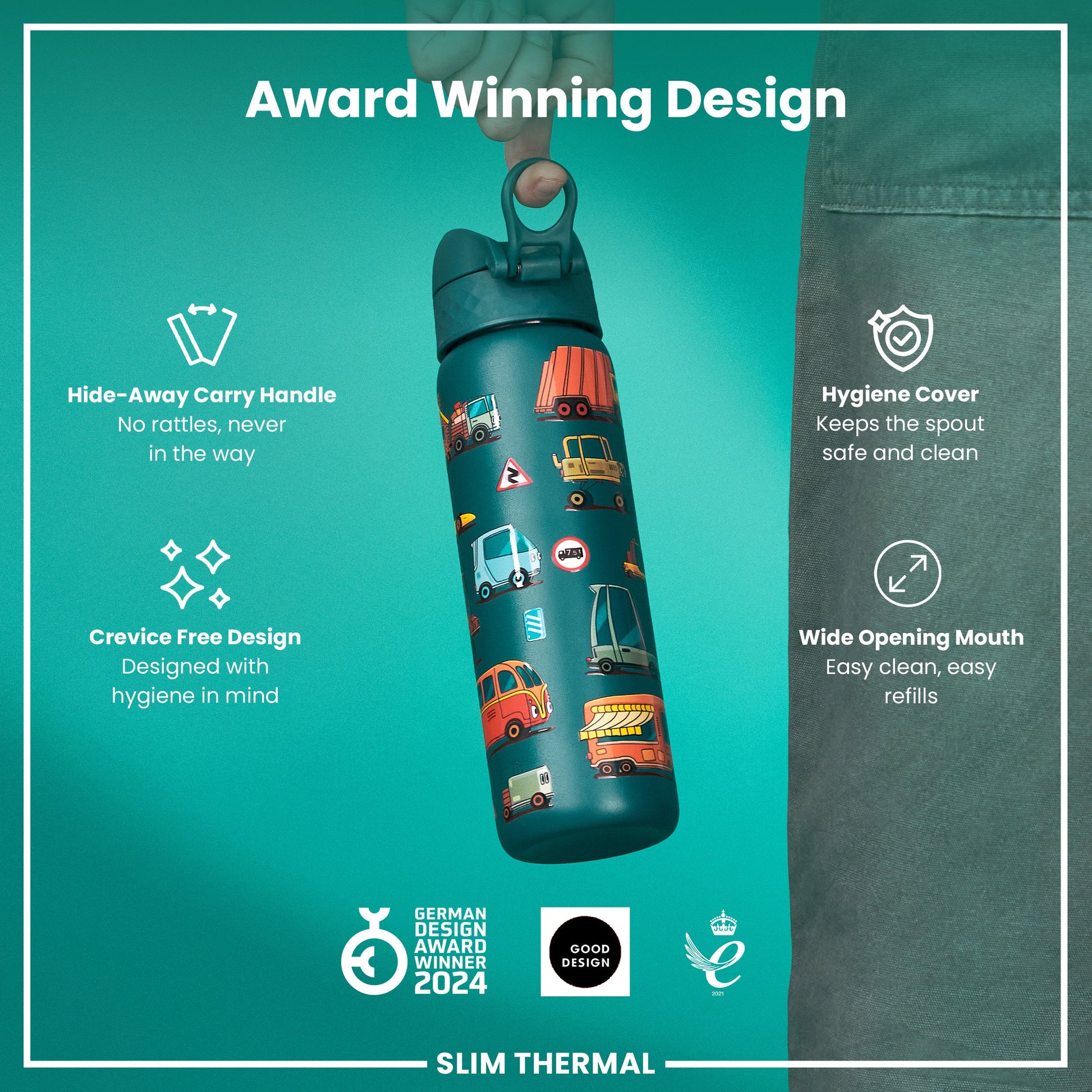 A teal water bottle, being held, features a carry handle, wide mouth, and hygiene cover; it's award-winning and shows various design details. "Award Winning Design," "German Design Award Winner 2024," "Good Design," and "2021" are also present.