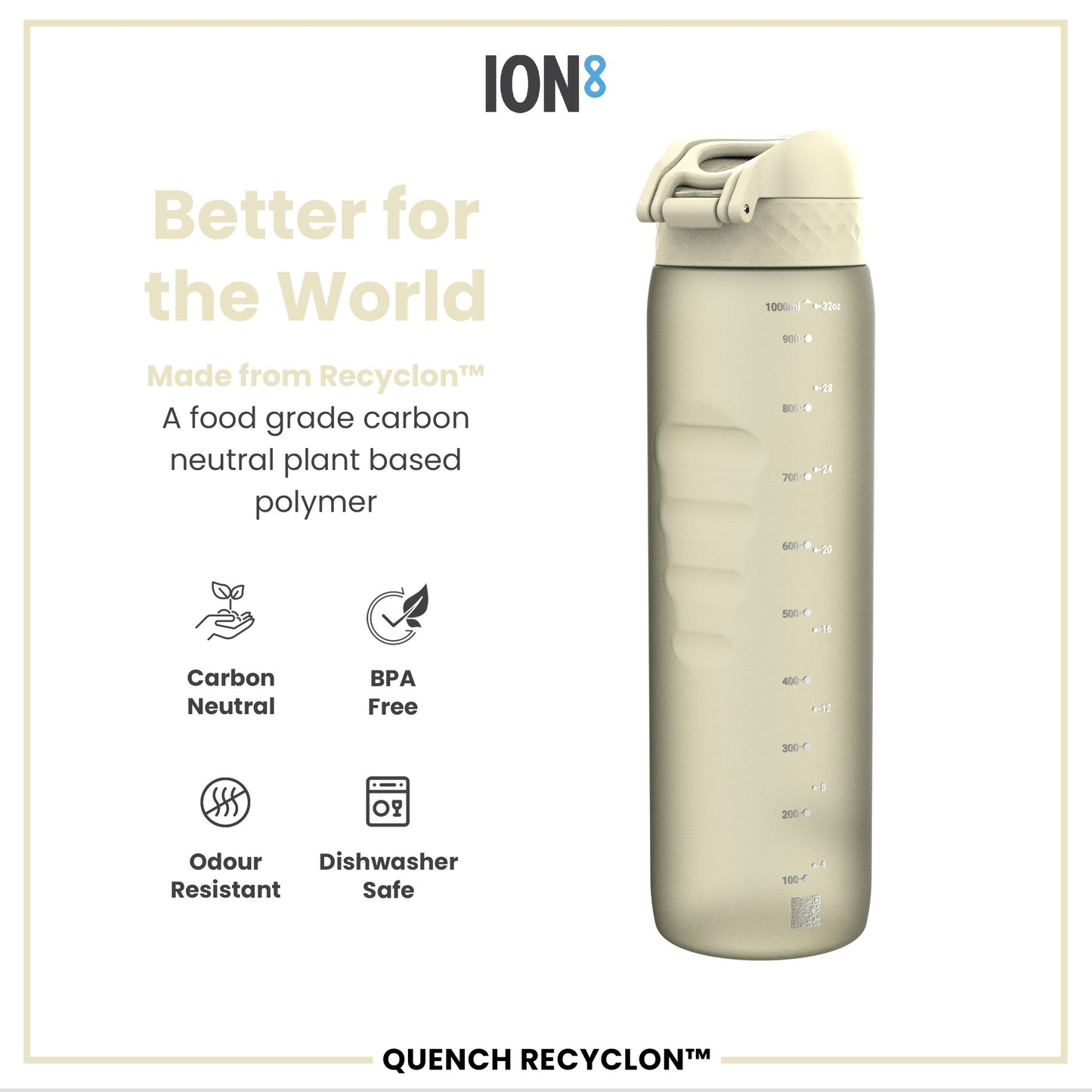 Leak Proof 1 litre Water Bottle, Recyclon, White