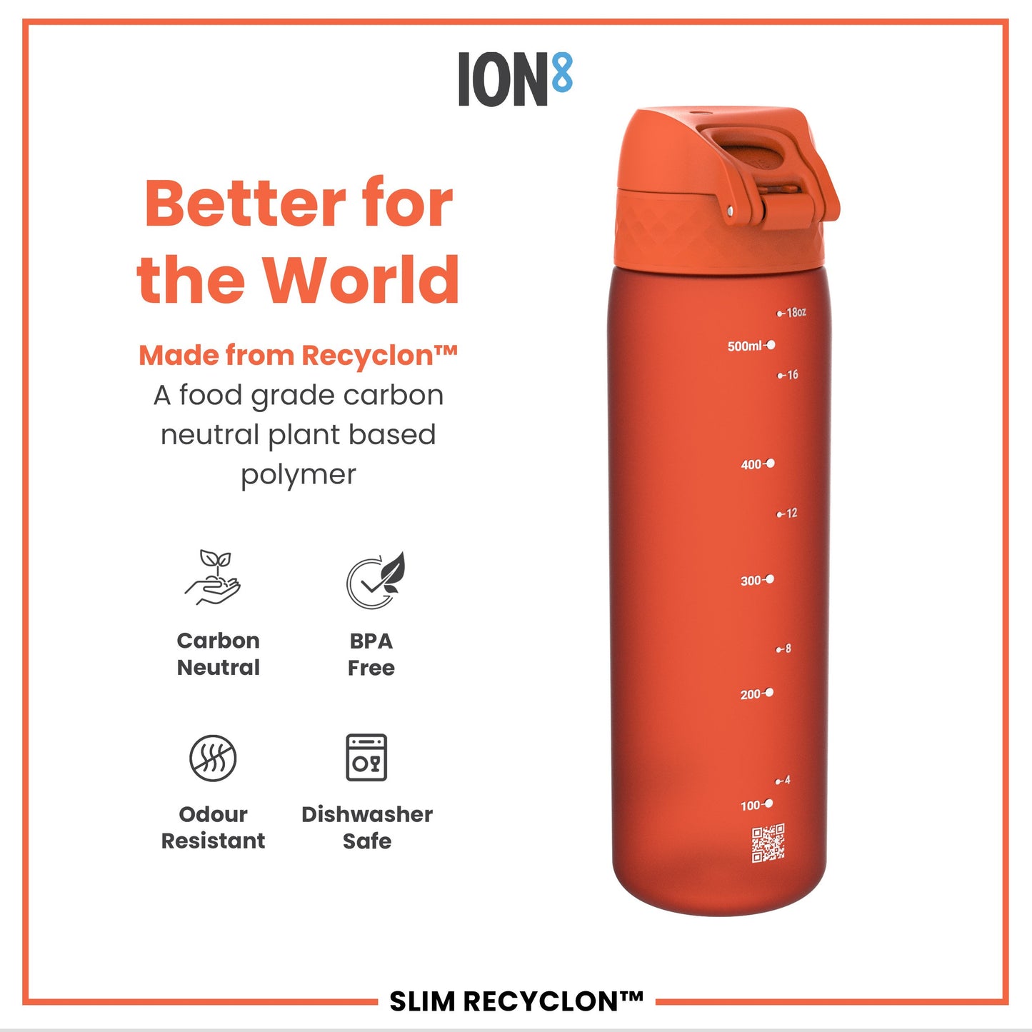 Leak Proof Slim Water Bottle, Recyclon, Hearty Orange, 500ml (18oz)