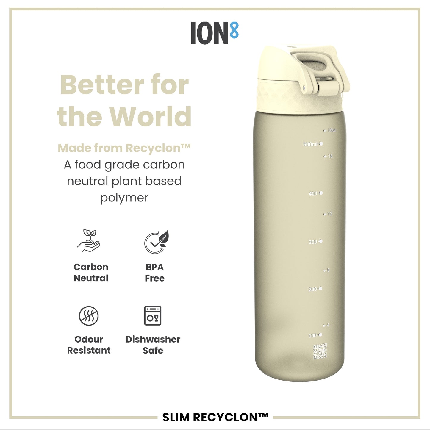 Leak Proof Slim Water Bottle, Recyclon, Creamy White, 500ml (18oz)