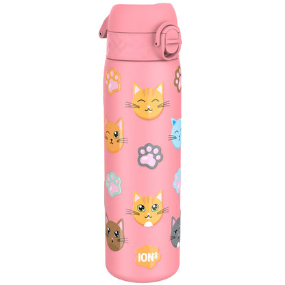 A pink water bottle, adorned with cartoon cats and paw prints, sits on a white background. ION8 is printed on the bottle.