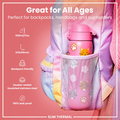 A pink, cat-themed water bottle fits inside a pastel backpack's mesh pocket. It's 500ml/17oz, 232x65mm, double-walled stainless steel, backpack-friendly, and 100% leak-proof. The text also states it's great for all ages.