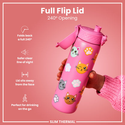 A pink water bottle, featuring a 240° flip lid and cat designs, is being held; it's marketed as slim, thermal, and ideal for on-the-go use. Full Flip Lid, 240° Opening, SLIM THERMAL.