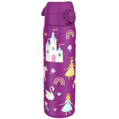 A purple water bottle, decorated with princesses, unicorns, swans, and castles, sits against a white background.