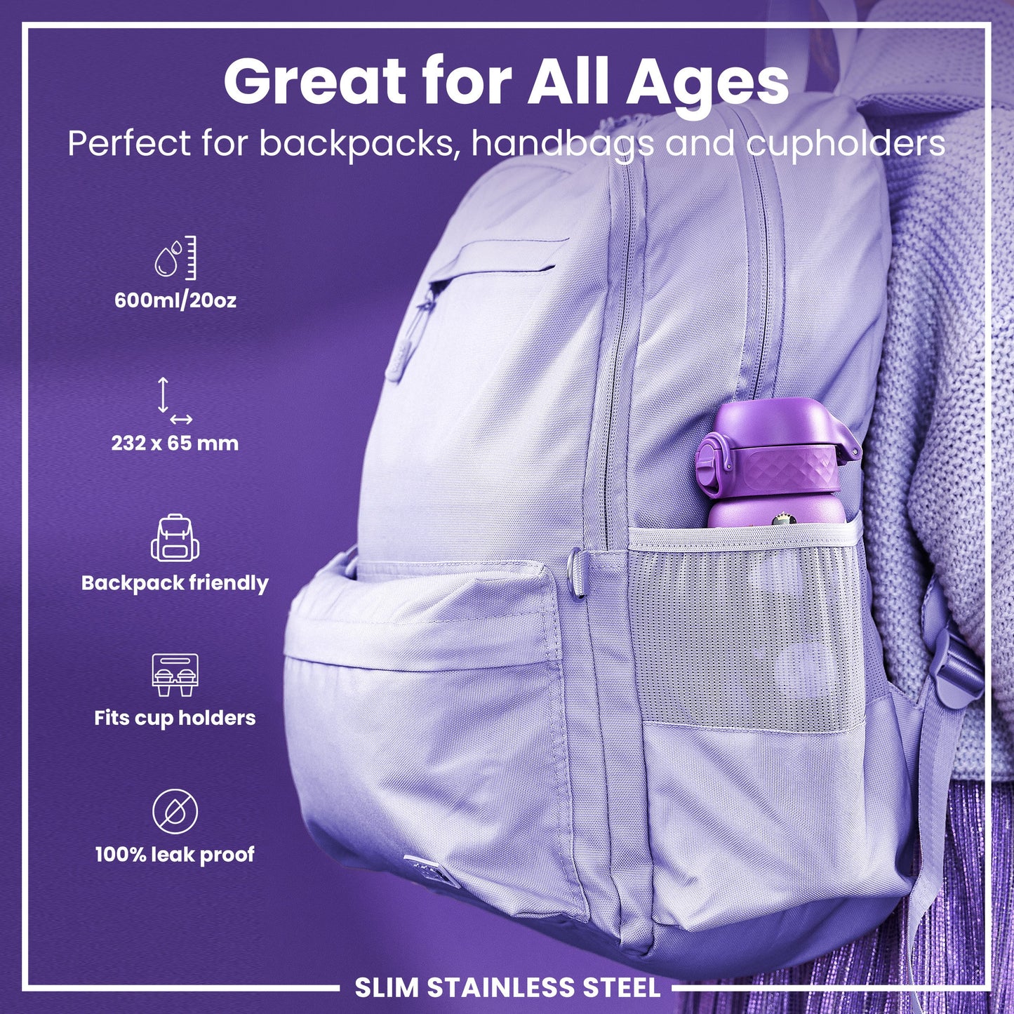 A purple water bottle fits inside a backpack's mesh pocket. The bottle is 600ml/20oz and 232 x 65mm. It's described as backpack and cupholder friendly, and 100% leak proof.