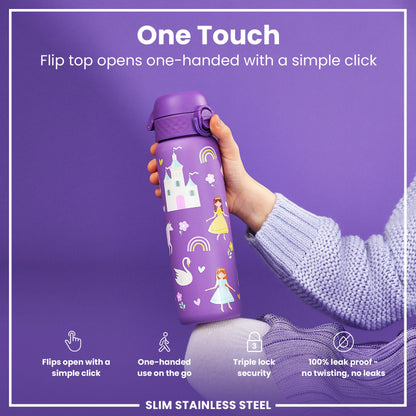 A purple, stickered water bottle is being held; its flip top opens one-handed. The bottle features a princess theme and is made of slim stainless steel. "One Touch," "Flips open with a simple click," "One-handed use on the go," "Triple lock security," "100% leak proof – no twisting, no leaks," and "SLIM STAINLESS STEEL" are also shown.