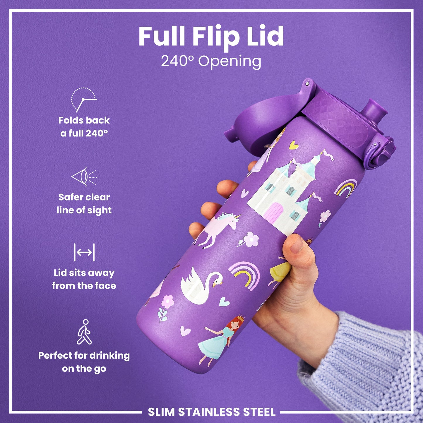 A purple, stainless steel water bottle, featuring a princess design, is held; its full flip lid allows for a 240° opening. The bottle is shown against a purple background.