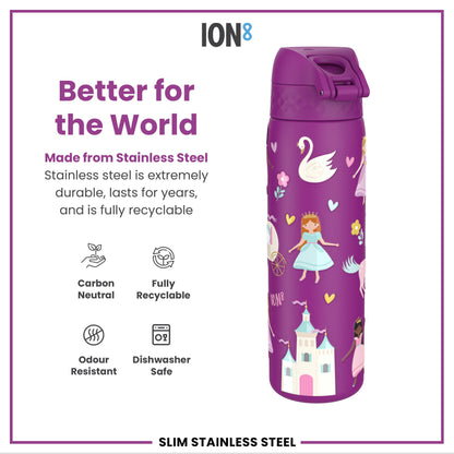 A purple, stainless steel water bottle, featuring a princess theme, is displayed against a white background. It is described as better for the world, carbon neutral, fully recyclable, odour resistant, and dishwasher safe.