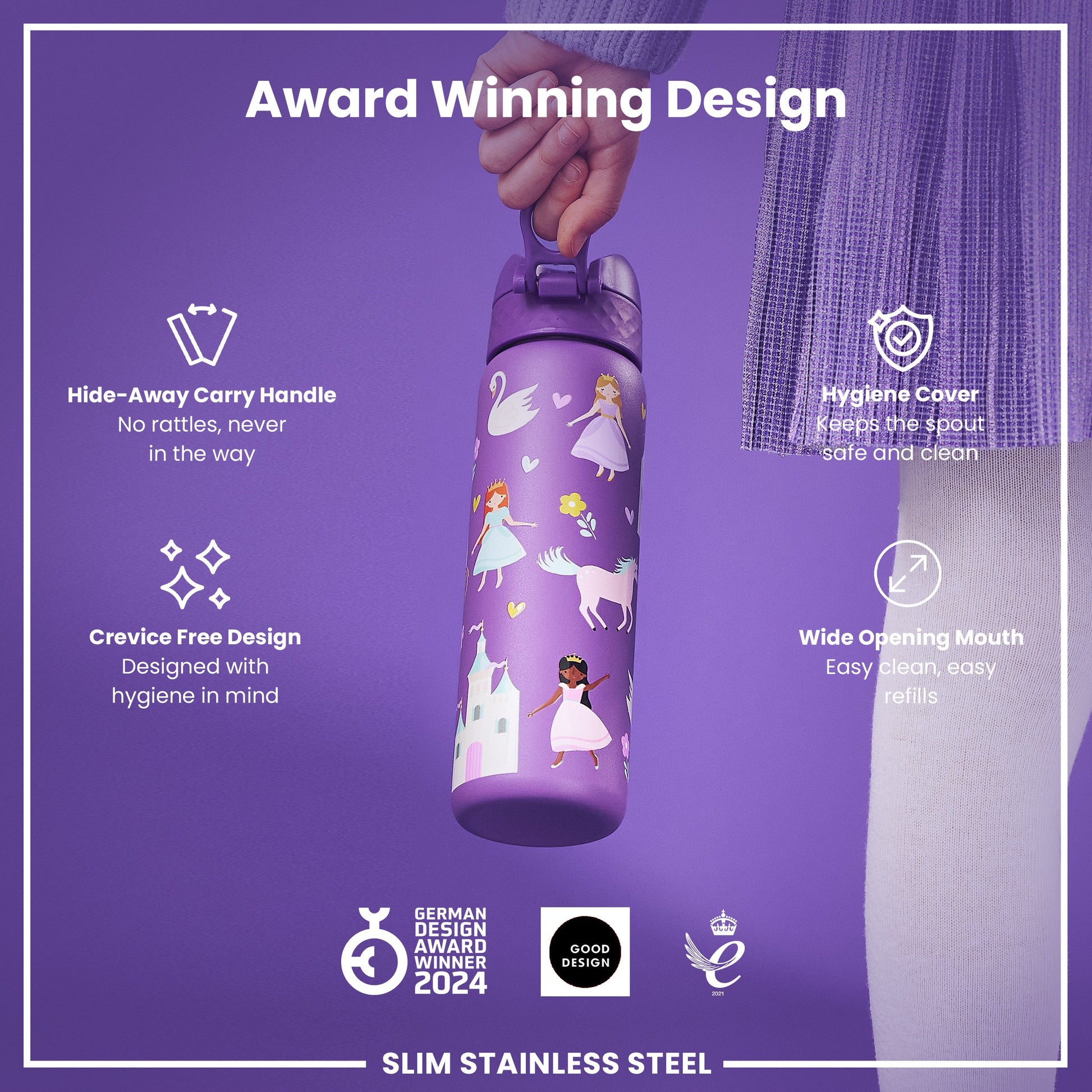 A purple, princess-themed stainless steel water bottle is being held; it features a hide-away handle, hygiene cover, and wide mouth. Awards from 2021 and 2024 are shown.