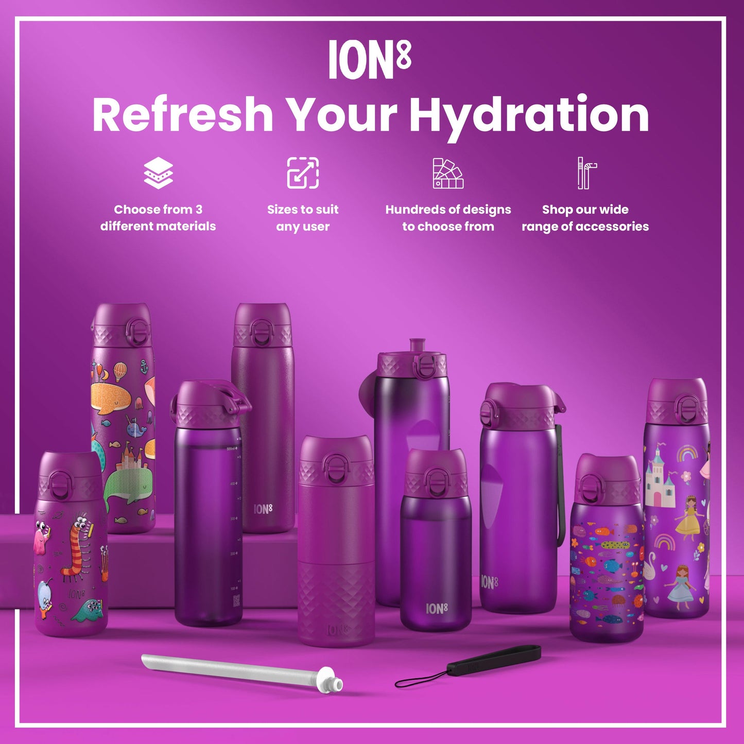 Several purple ION8 water bottles, varying in size and design, are displayed on a purple surface. They showcase different designs and sizes. A promotional image promotes material choices and accessories.