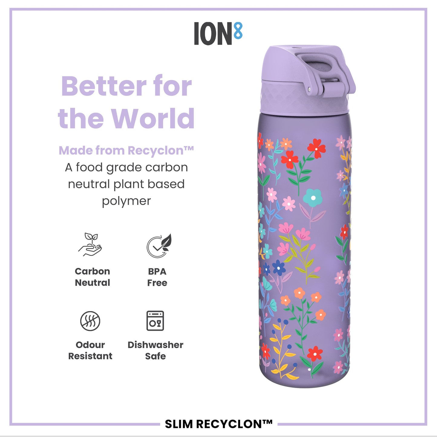 Leak Proof Slim Water Bottle, Recyclon, Ditsy Floral, 500ml (18oz)