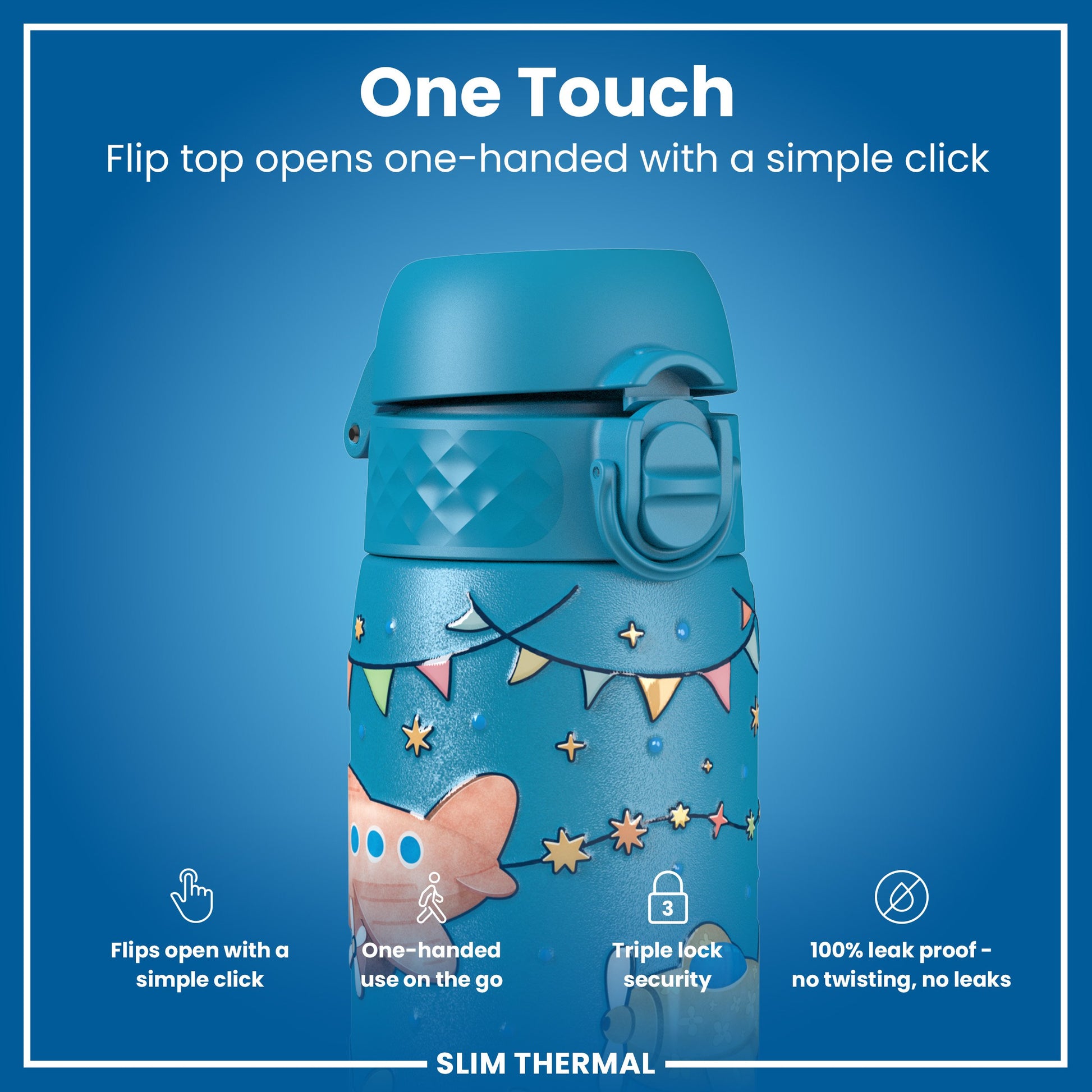 A teal water bottle, featuring a flip top, opens one-handed. The bottle is decorated with a festive design, and includes features such as triple lock security and leak proof capabilities. "One Touch" and "Slim Thermal" are also present.