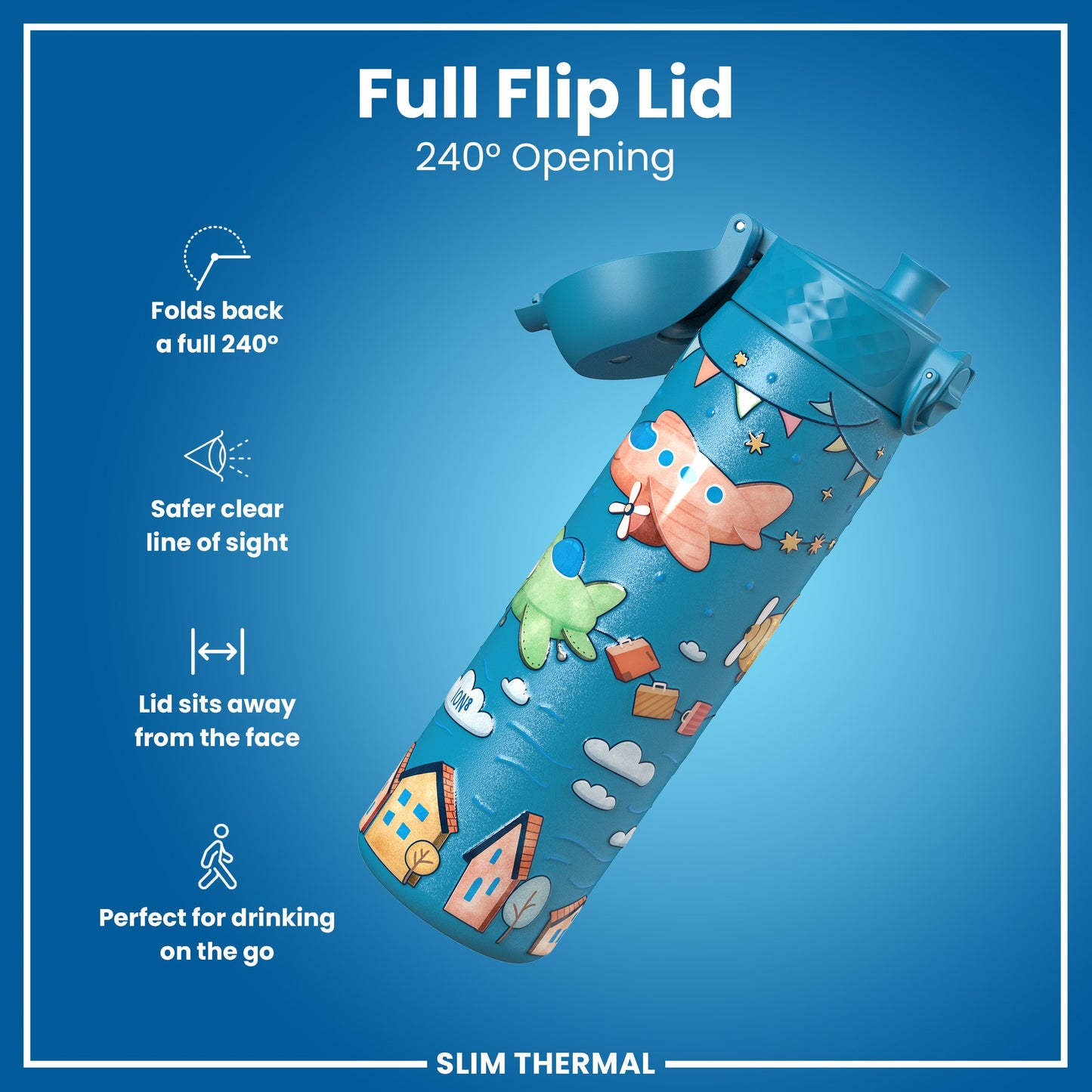 A teal water bottle, featuring a 240° flip lid and airplane-themed design, is shown against a blue background; it is marketed as ideal for on-the-go hydration.