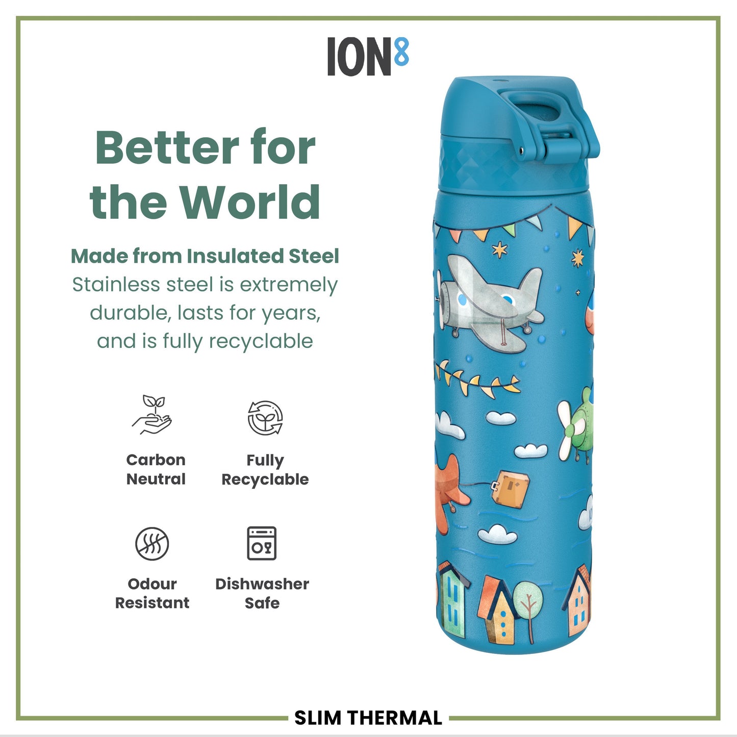 A blue, insulated steel water bottle, featuring an airplane design, sits against a white background. It's described as carbon neutral, fully recyclable, odour resistant, and dishwasher safe. The bottle is labeled "SLIM THERMAL".