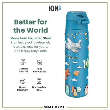 A blue, insulated steel water bottle, featuring an airplane design, sits against a white background. It's described as carbon neutral, fully recyclable, odour resistant, and dishwasher safe. The bottle is labeled "SLIM THERMAL".