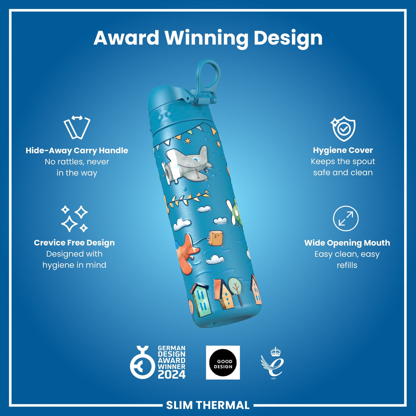 A blue, child-themed water bottle with a carry handle is displayed against a solid blue background. Award logos are present. "Award Winning Design," "Hide-Away Carry Handle," "Hygiene Cover," "Crevice Free Design," and "Wide Opening Mouth" are also displayed. "GERMAN DESIGN AWARD WINNER 2024," "GOOD DESIGN," and "2021" are visible.