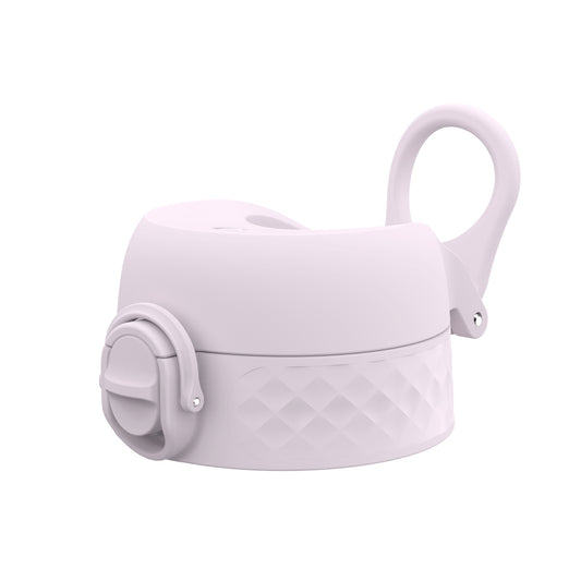 A light purple bottle lid, featuring a carrying loop and a hinged locking mechanism, sits on a white background.