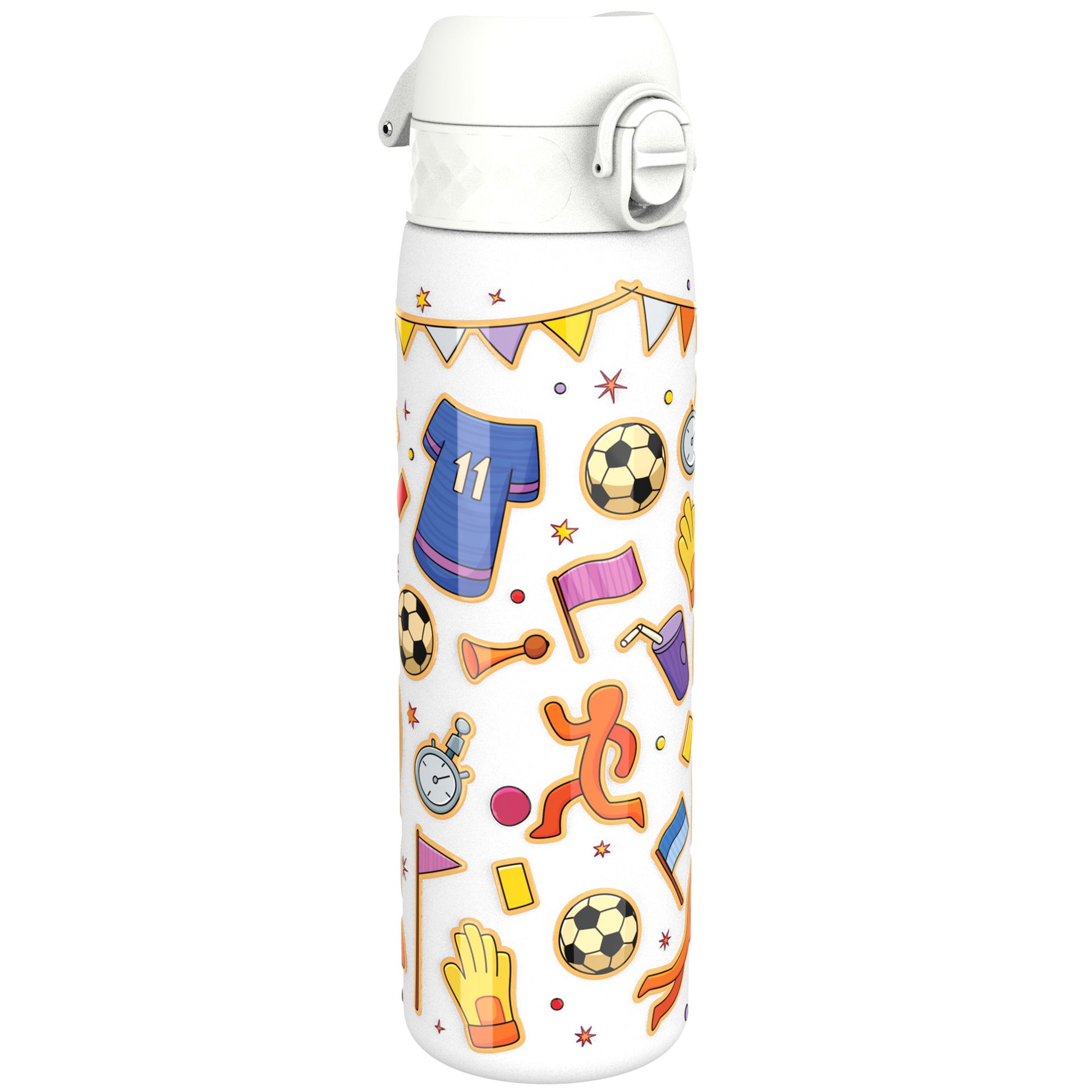 A white water bottle, featuring a soccer-themed design, stands against a white background. The bottle displays various cartoon images related to the sport.