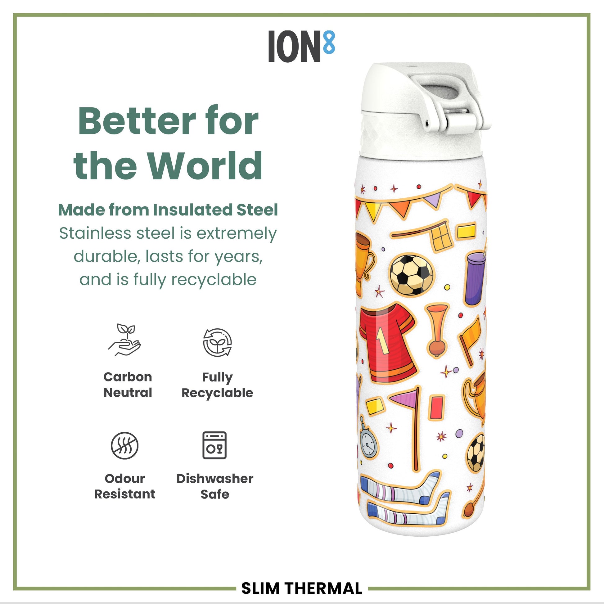 A white insulated steel water bottle, featuring a soccer-themed design, sits against a white background; it is described as carbon neutral, fully recyclable, odour resistant, and dishwasher safe.