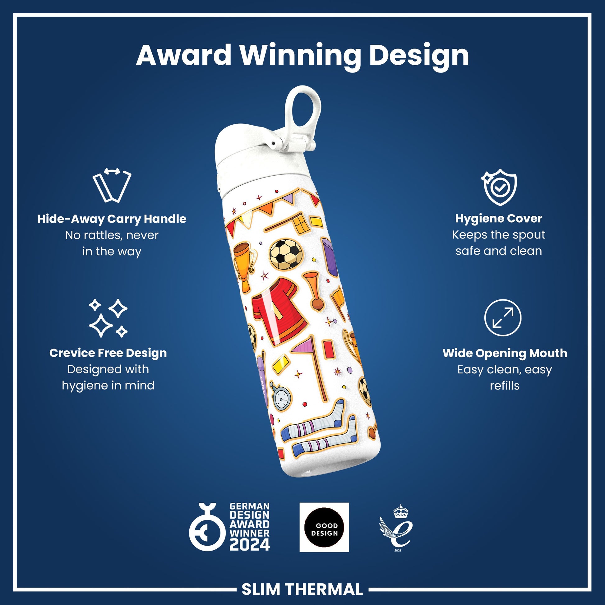 A white water bottle, decorated with sports-themed illustrations, is shown against a dark blue background; features highlighted include a hide-away handle, hygiene cover, and wide mouth. The bottle is labeled "Slim Thermal" and is a 2024 German Design Award winner.