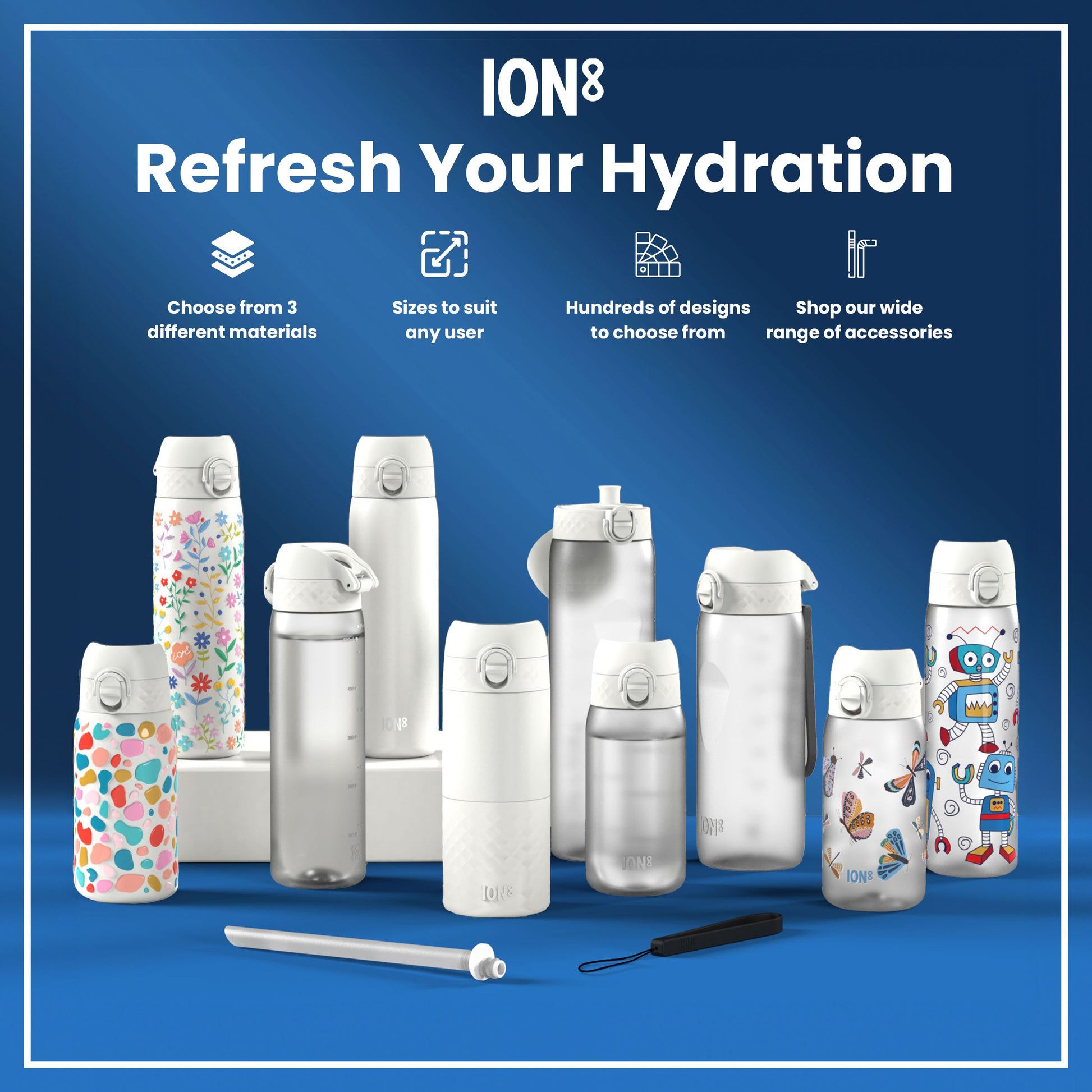 Various ION8 water bottles, in different sizes and designs, are displayed on a blue surface; choices in materials and accessories are highlighted.