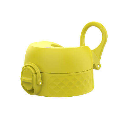 A yellow bottle cap, featuring a hinged lid and carrying loop, sits against a white background.