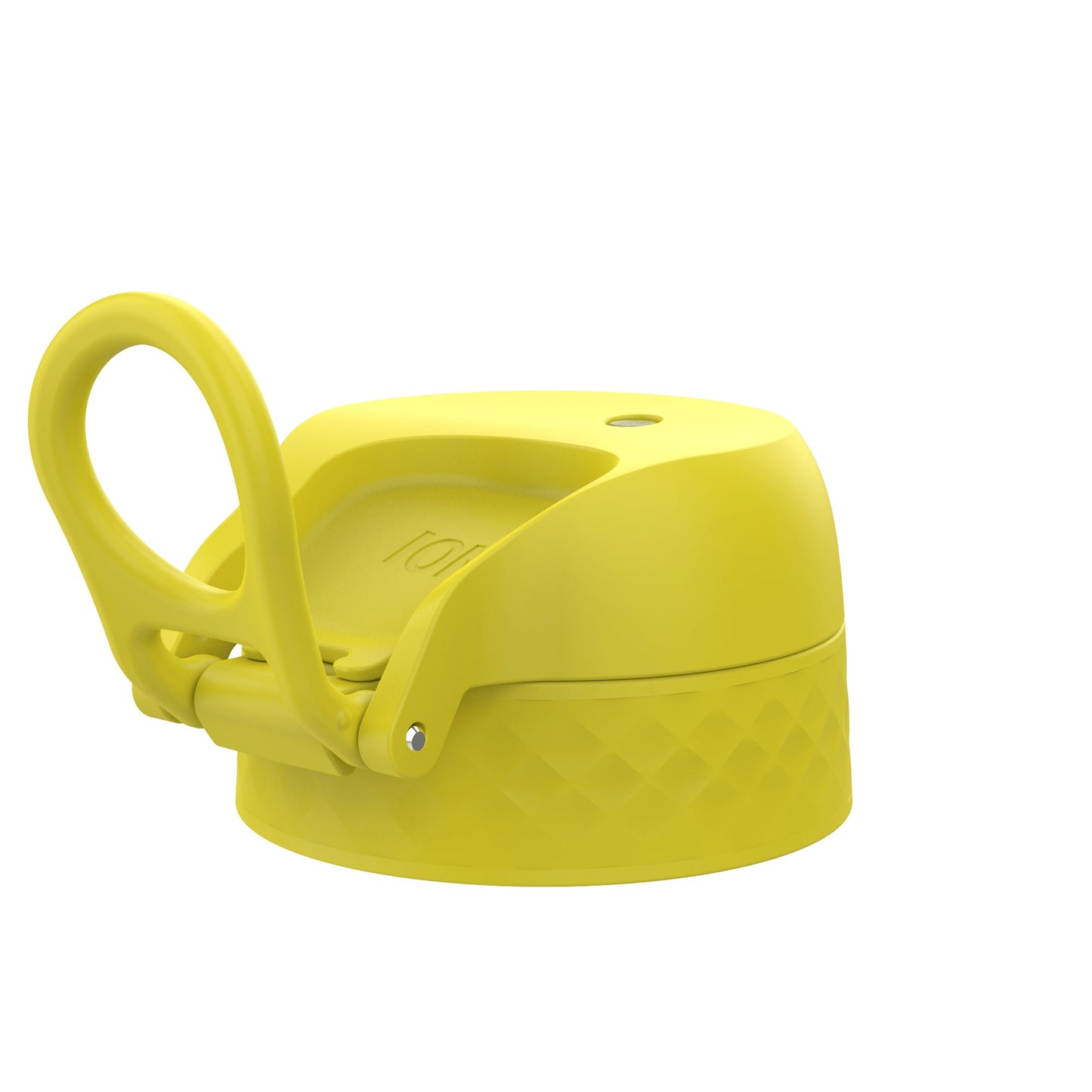 A yellow lid with a carrying loop sits on a white background. The lid has a textured base and the word "TOM" is partially visible.