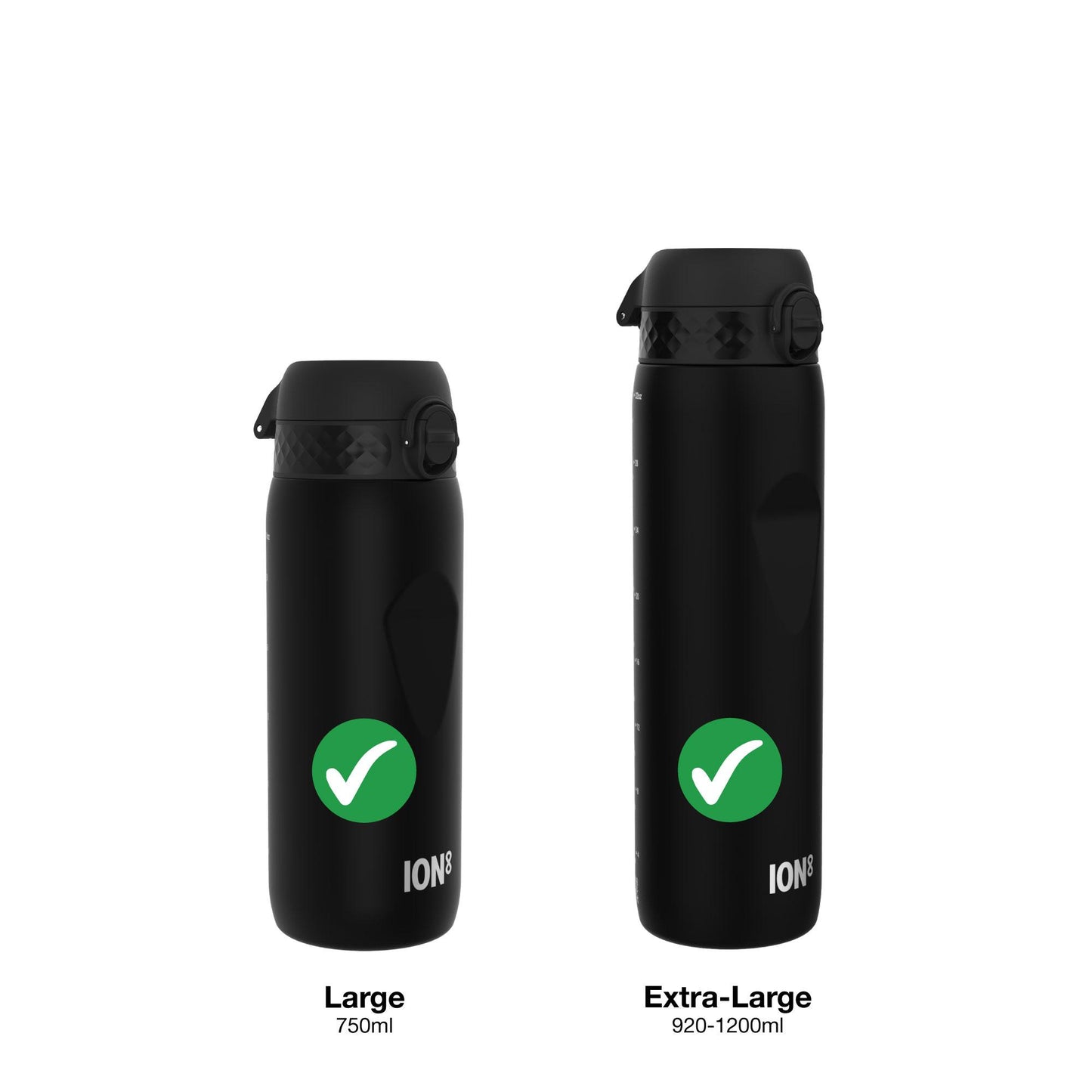 Two black ION8 water bottles, one large (750ml) and one extra-large (920-1200ml), sit on a white background. Each displays a green checkmark logo.