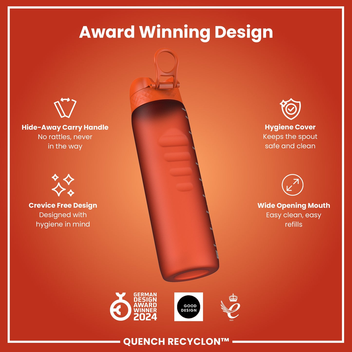 Leak Proof 1 litre Water Bottle, Recyclon, Orange