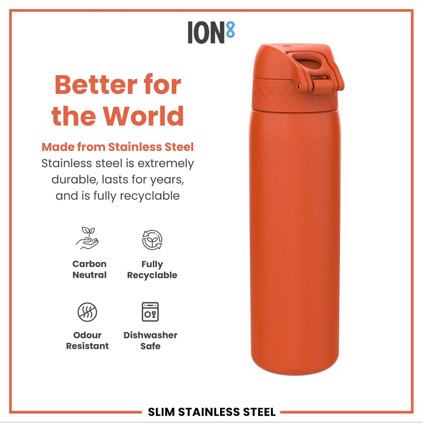 Leak Proof Slim Water Bottle, Stainless Steel, Hearty Orange, 600ml (20oz)