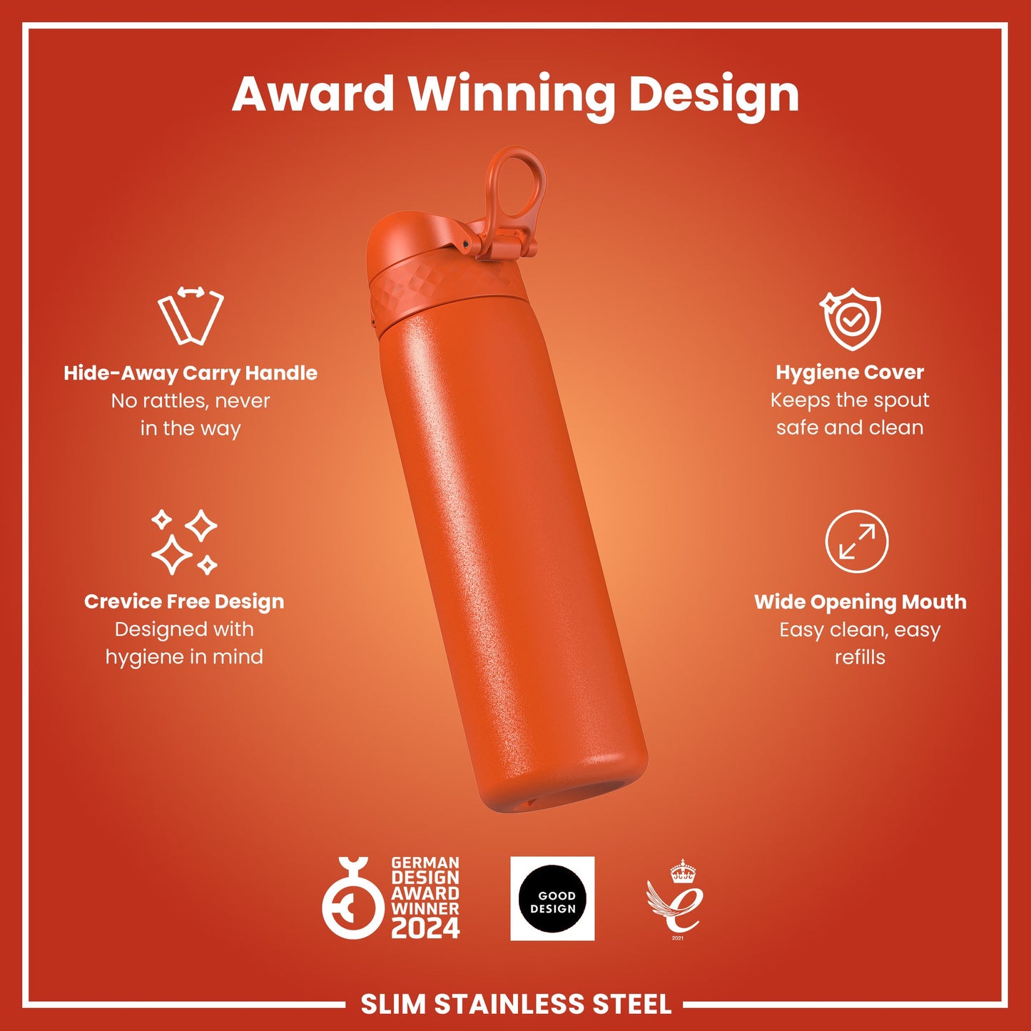 Leak Proof Slim Water Bottle, Stainless Steel, Hearty Orange, 600ml (20oz)