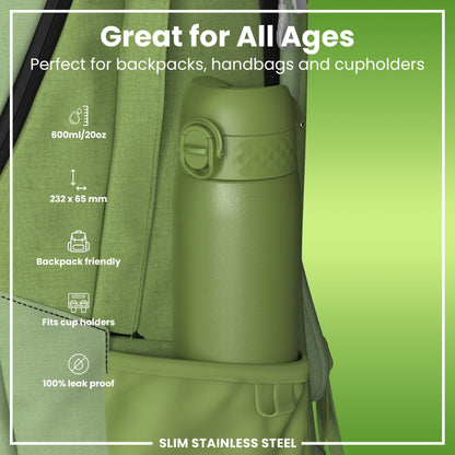 Leak Proof Slim Water Bottle, Stainless Steel, Khaki Green, 600ml (20oz)