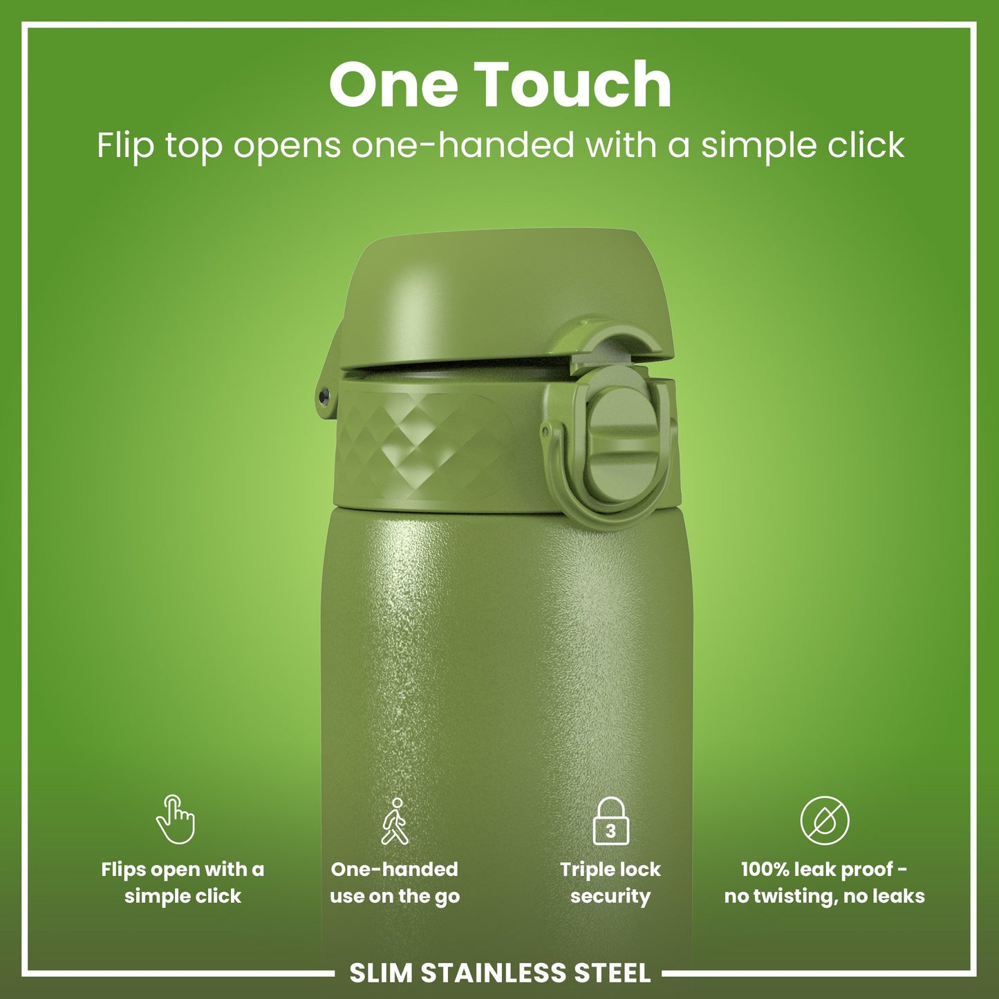 Leak Proof Slim Water Bottle, Stainless Steel, Khaki Green, 600ml (20oz)