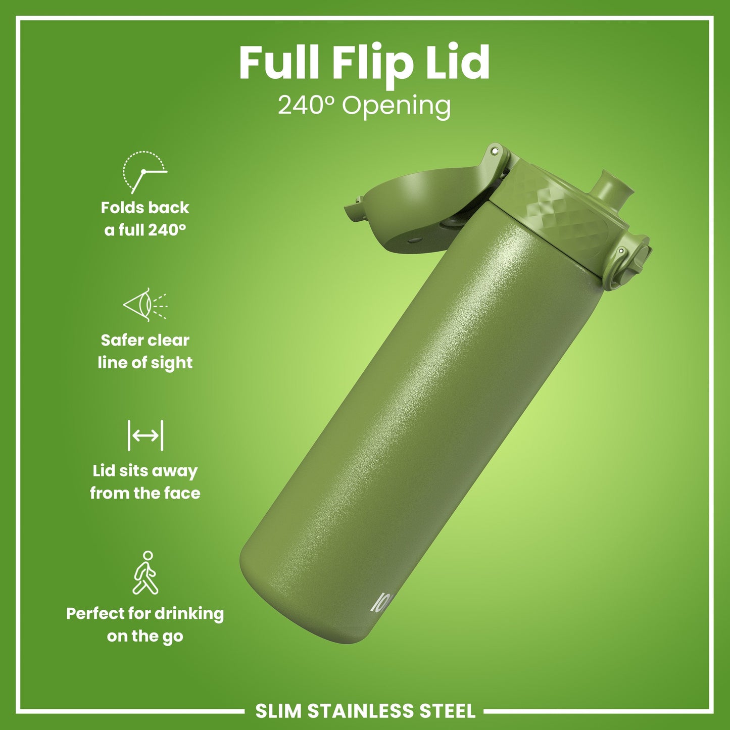 Leak Proof Slim Water Bottle, Stainless Steel, Khaki Green, 600ml (20oz)