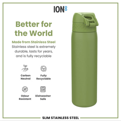 Leak Proof Slim Water Bottle, Stainless Steel, Khaki Green, 600ml (20oz)