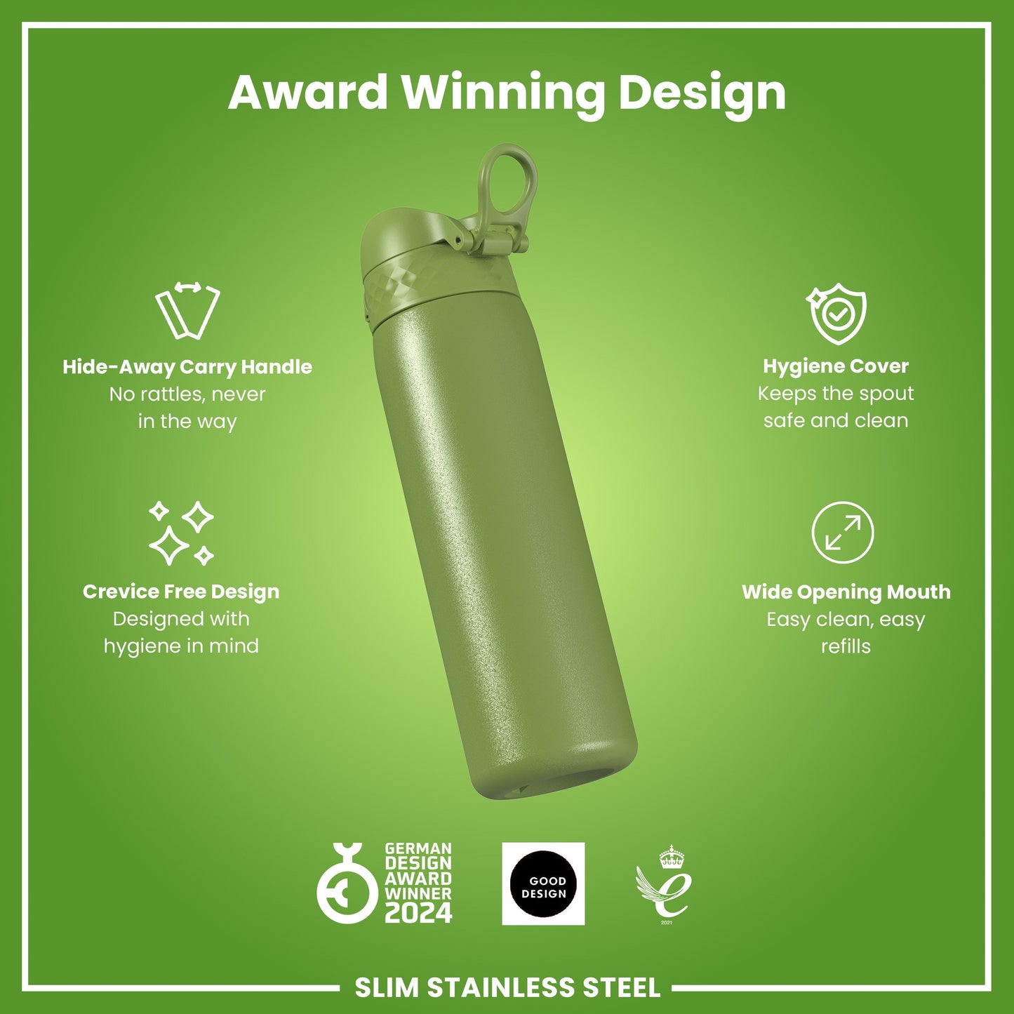 Leak Proof Slim Water Bottle, Stainless Steel, Khaki Green, 600ml (20oz)