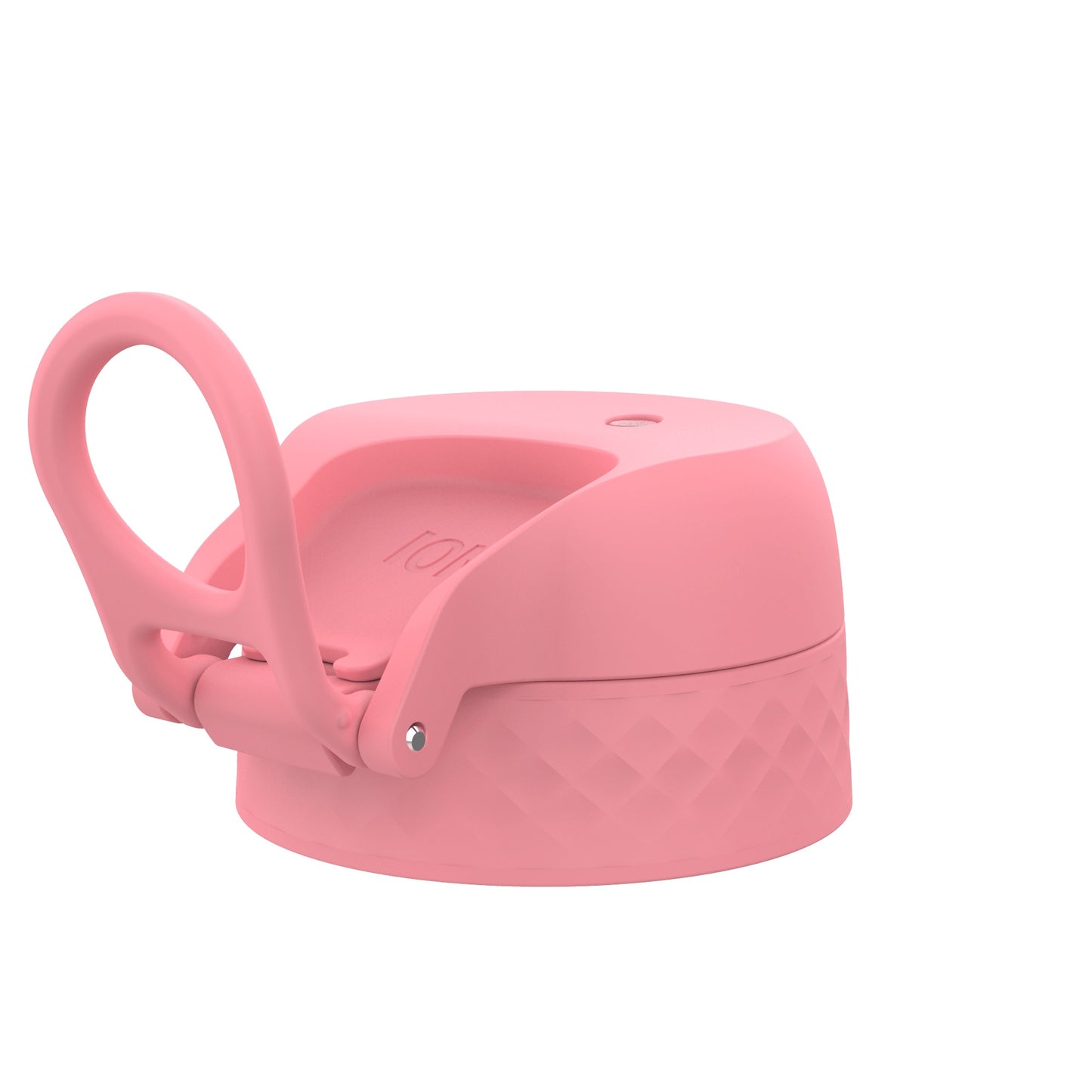 A pink lid with a carrying loop sits on a white background. The lid has a textured bottom and the word "TOM" is embossed on its surface.